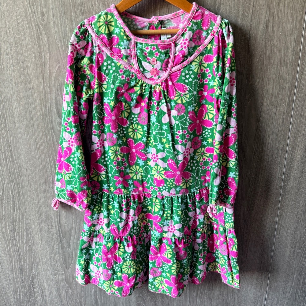 Le Top Corduroy Dress‎ Girls 6X Green Pink Floral Ruffle Tiered Long Sleeve Boho